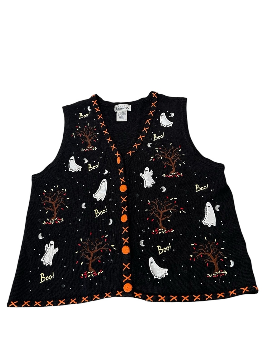 Basic Editions Black Knit Halloween Ghost Vest Large in Multicolor Cotton Blend